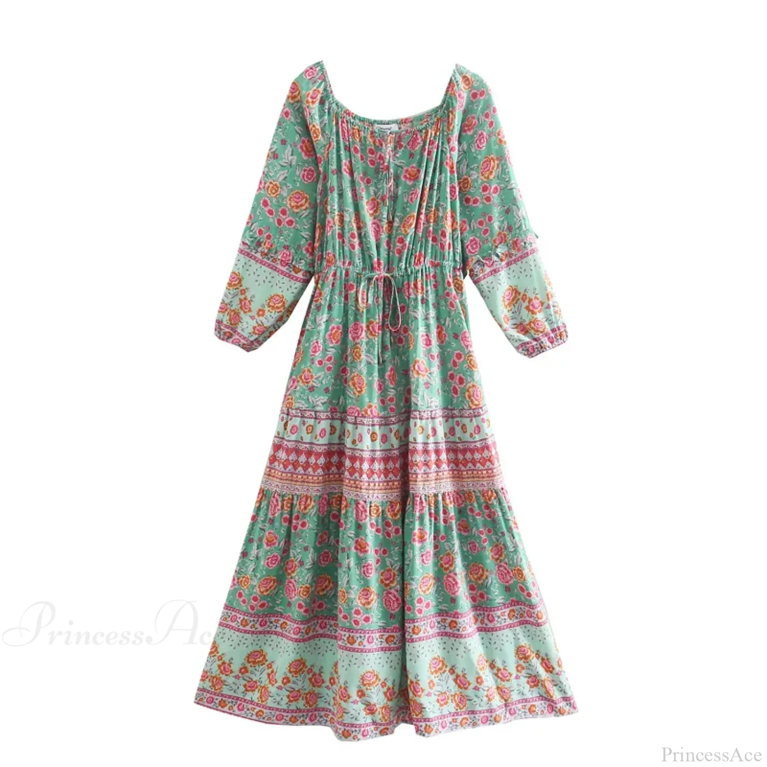 Floral Long Sleeve Belt Tassel Off Shoulder Boho Dress - Image 2