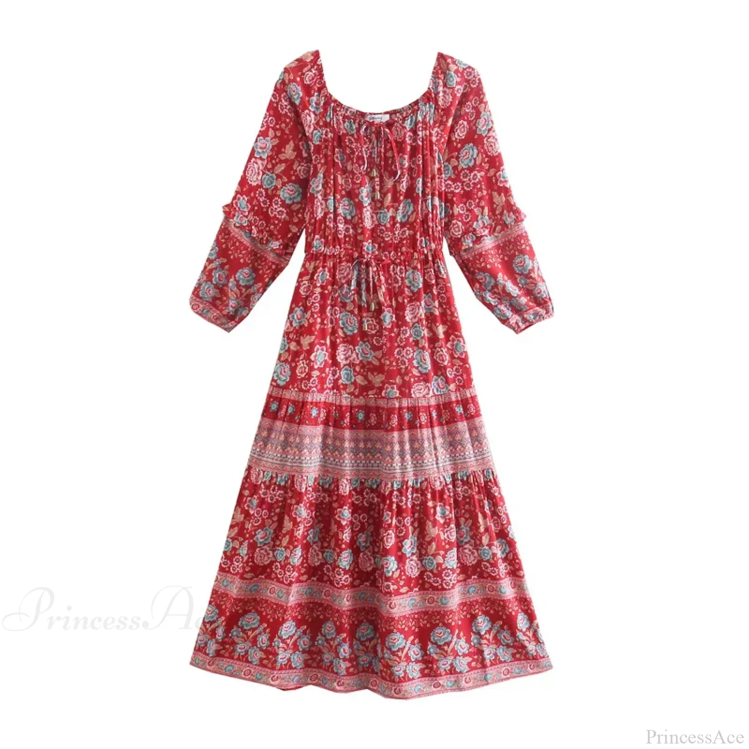Floral Long Sleeve Belt Tassel Off Shoulder Boho Dress - Image 4