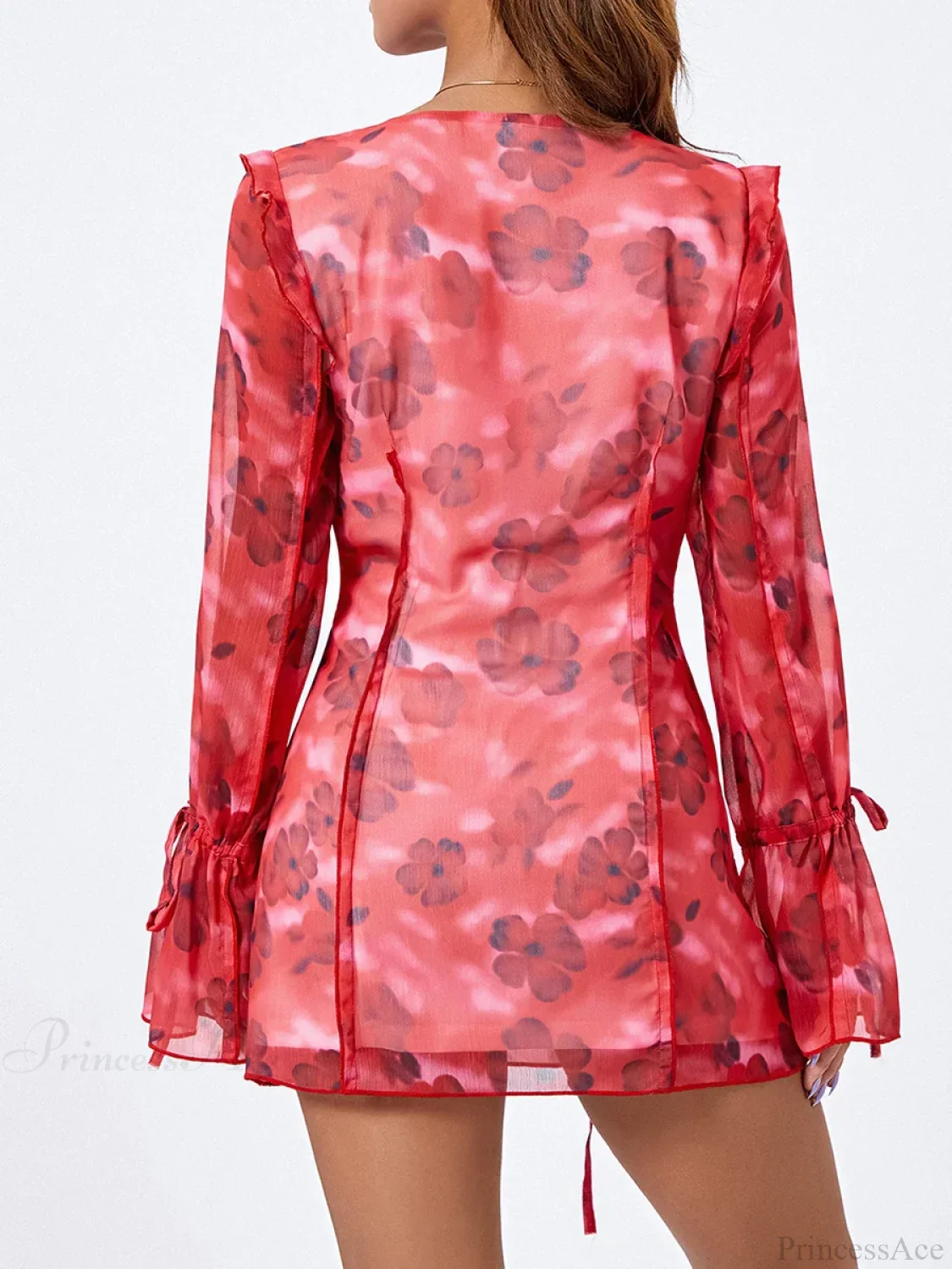 Floral Mesh Mini Dress Elegant Flare Long Sleeve Split Hem Floral Dress - Image 4