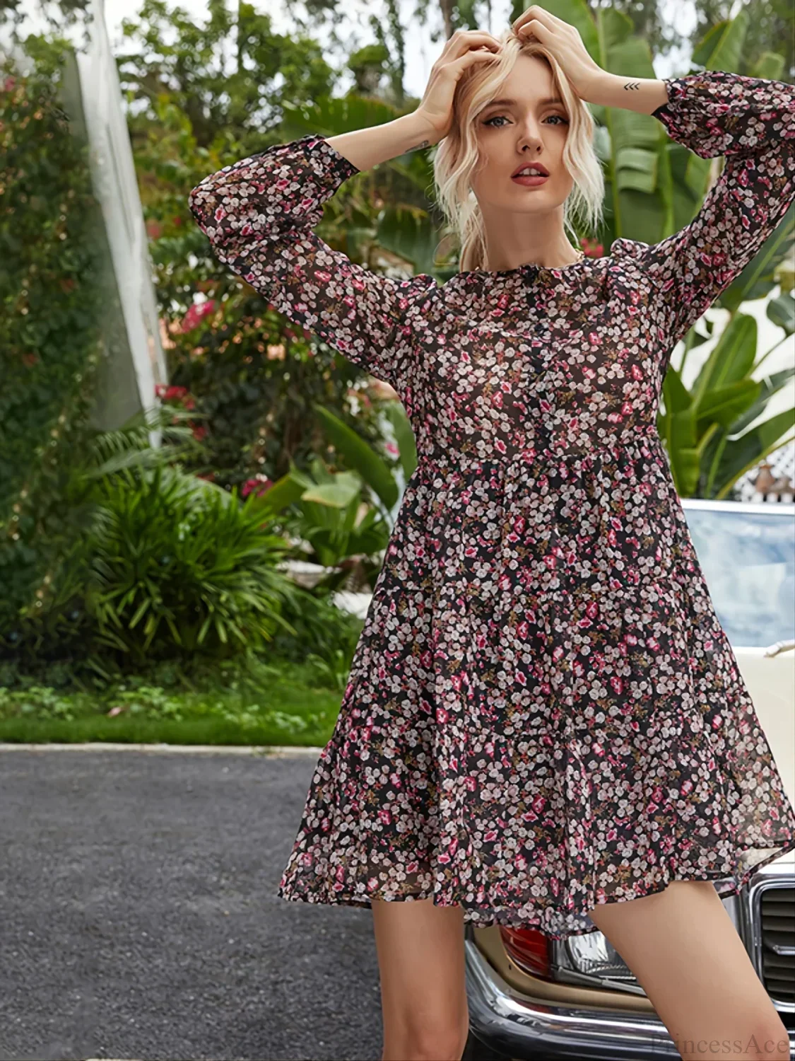 Floral O-neck Mini Party Floral Dress