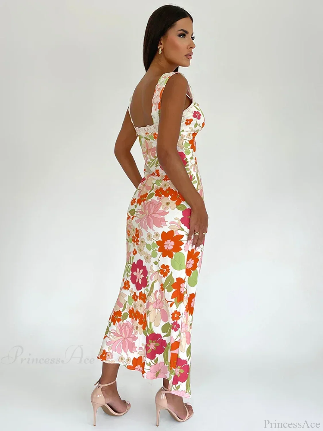 Floral Print Backless V-neck Bodycon Maxi Floral Dress - Image 3