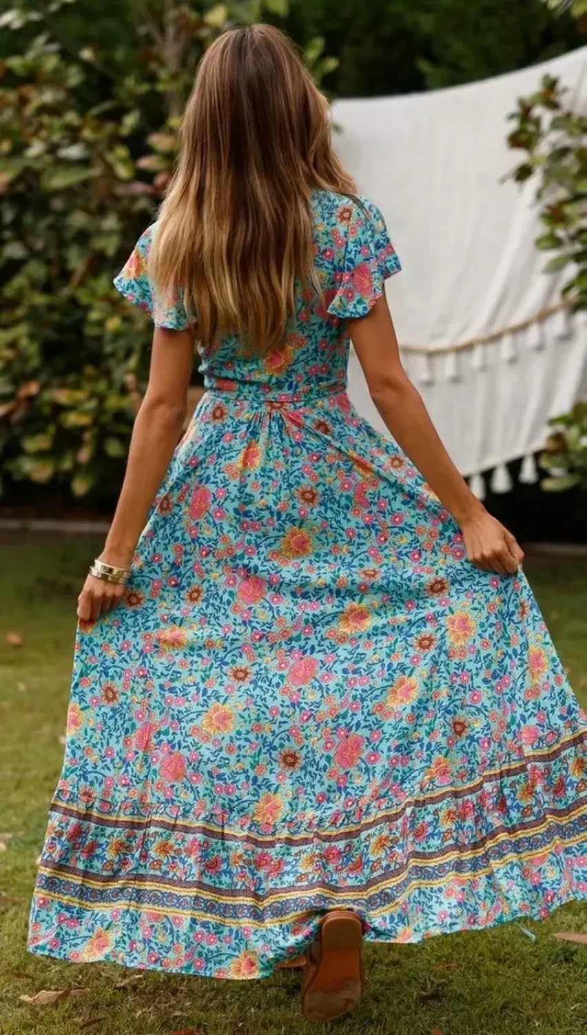 Floral Print Bat Sleeve Sashes Wrap Maxi Boho Cover-ups - Image 2
