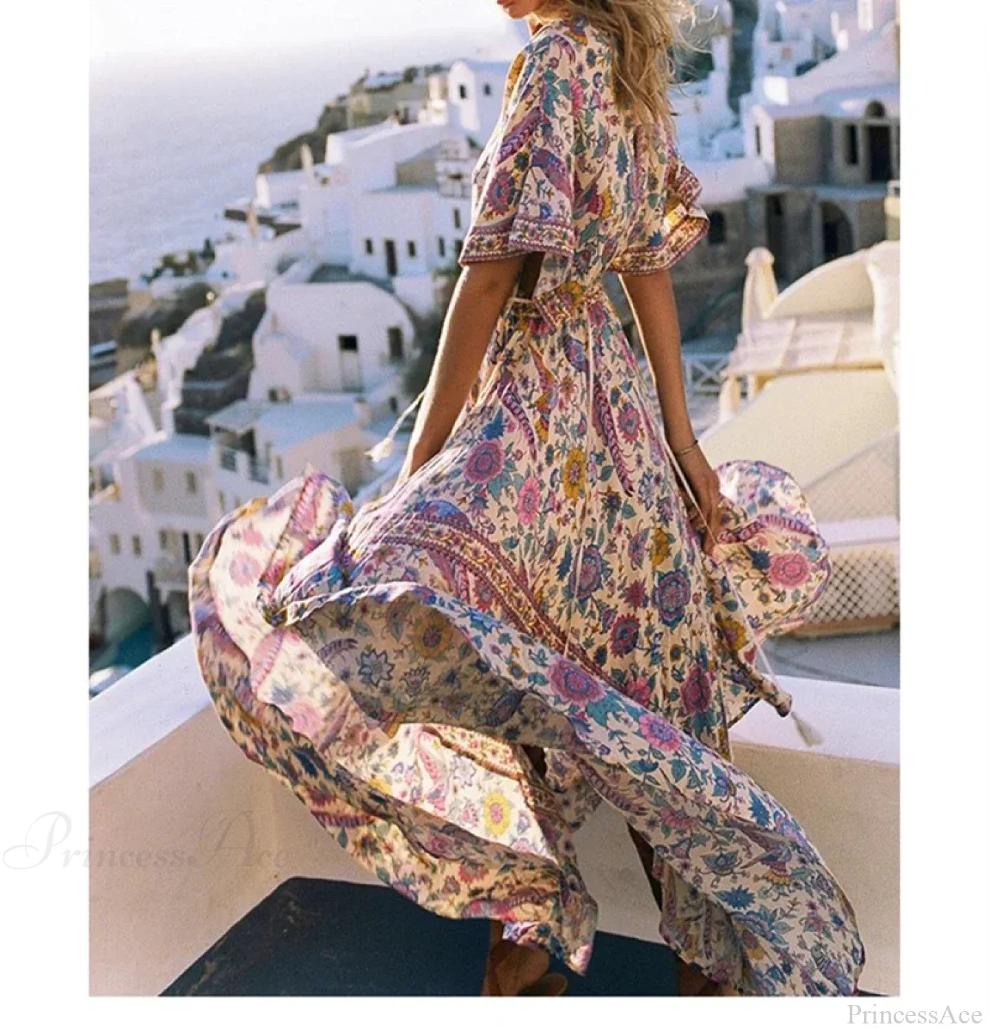 Floral Print Bat Sleeve V-neck Tassel Maxi Rayon Boho Dress - Image 2