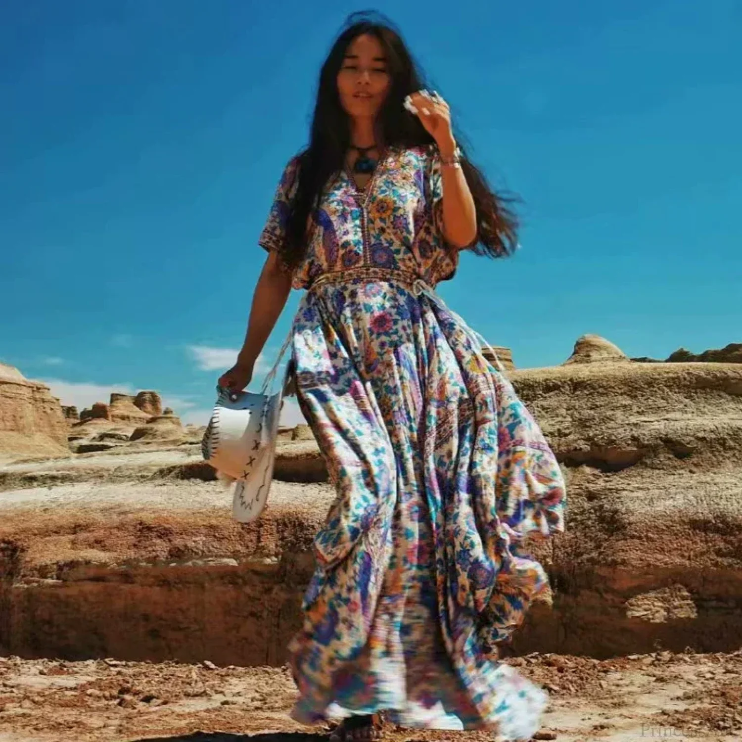 Floral Print Bat Sleeve V-neck Tassel Maxi Rayon Boho Dress - Image 3