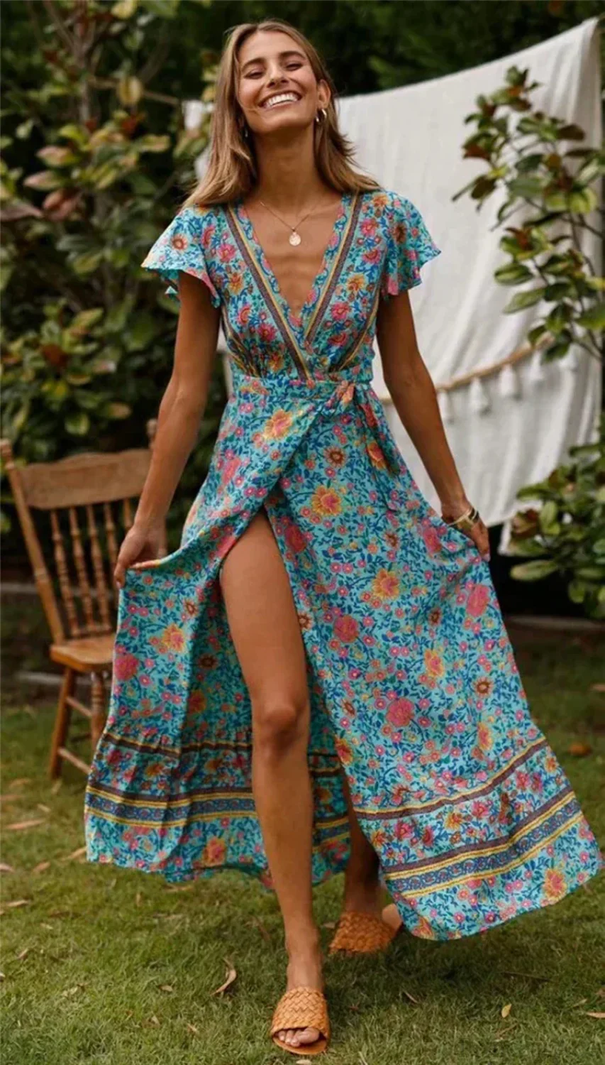 Floral Print Bat Sleeve Wrap V-neck Maxi Boho Dress - Image 3