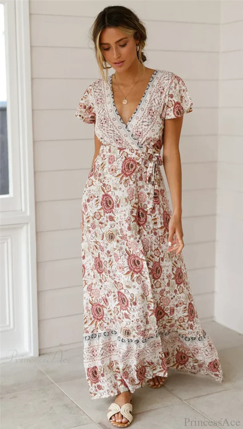 Floral Print Bat Sleeve Wrap V-neck Maxi Boho Dress - Image 5