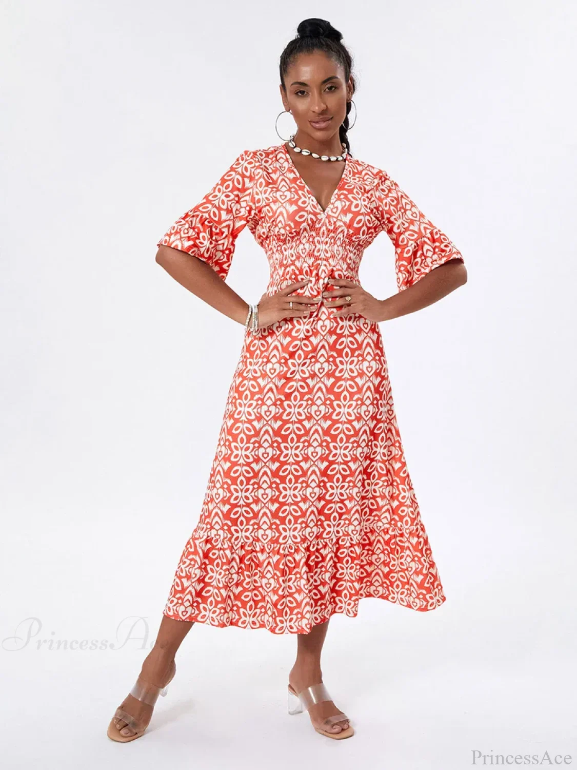 Floral Print Beach Midi Casual Flare Sleeve A-Line Ruffled Floral Dress