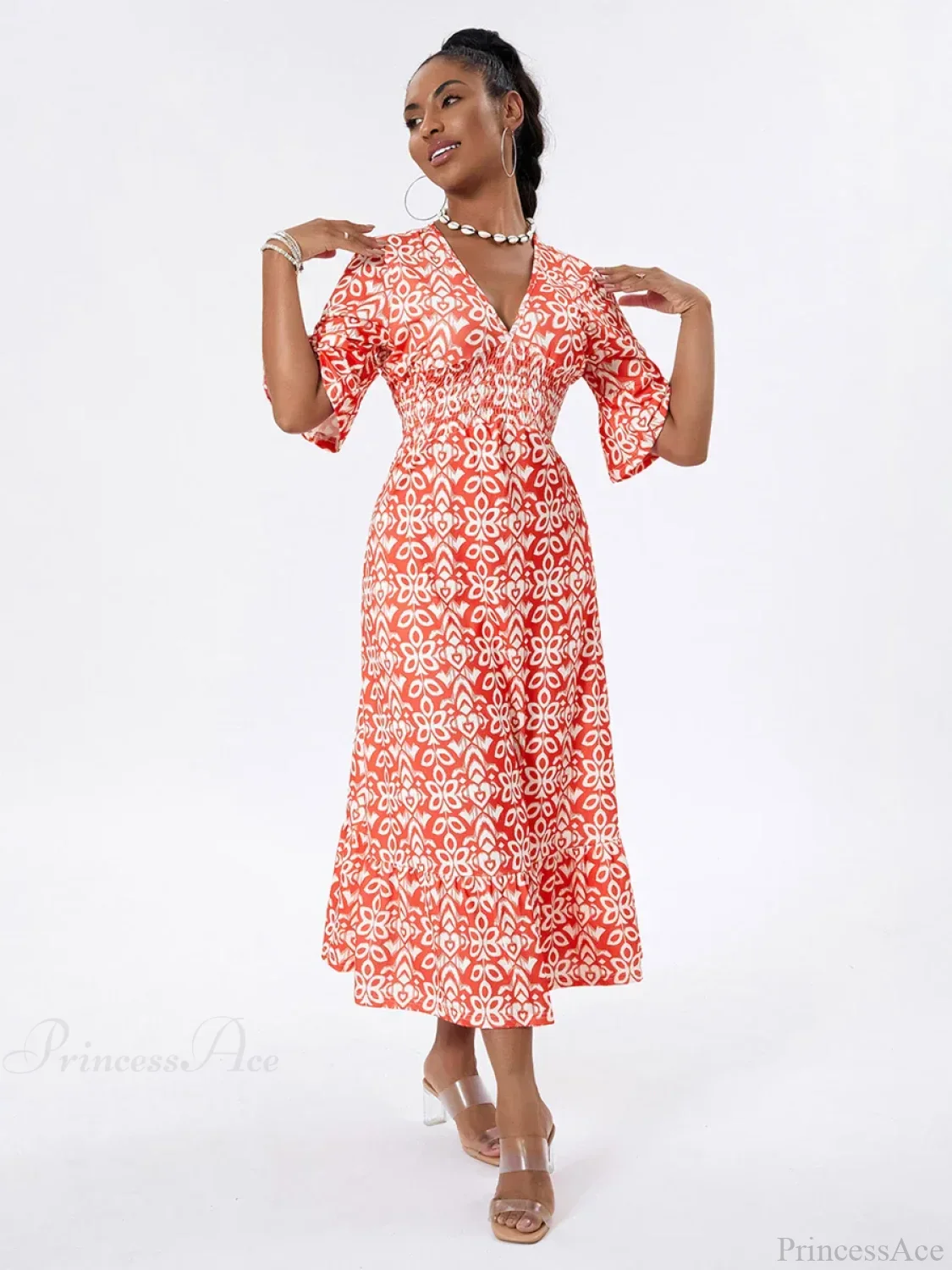 Floral Print Beach Midi Casual Flare Sleeve A-Line Ruffled Floral Dress - Image 3