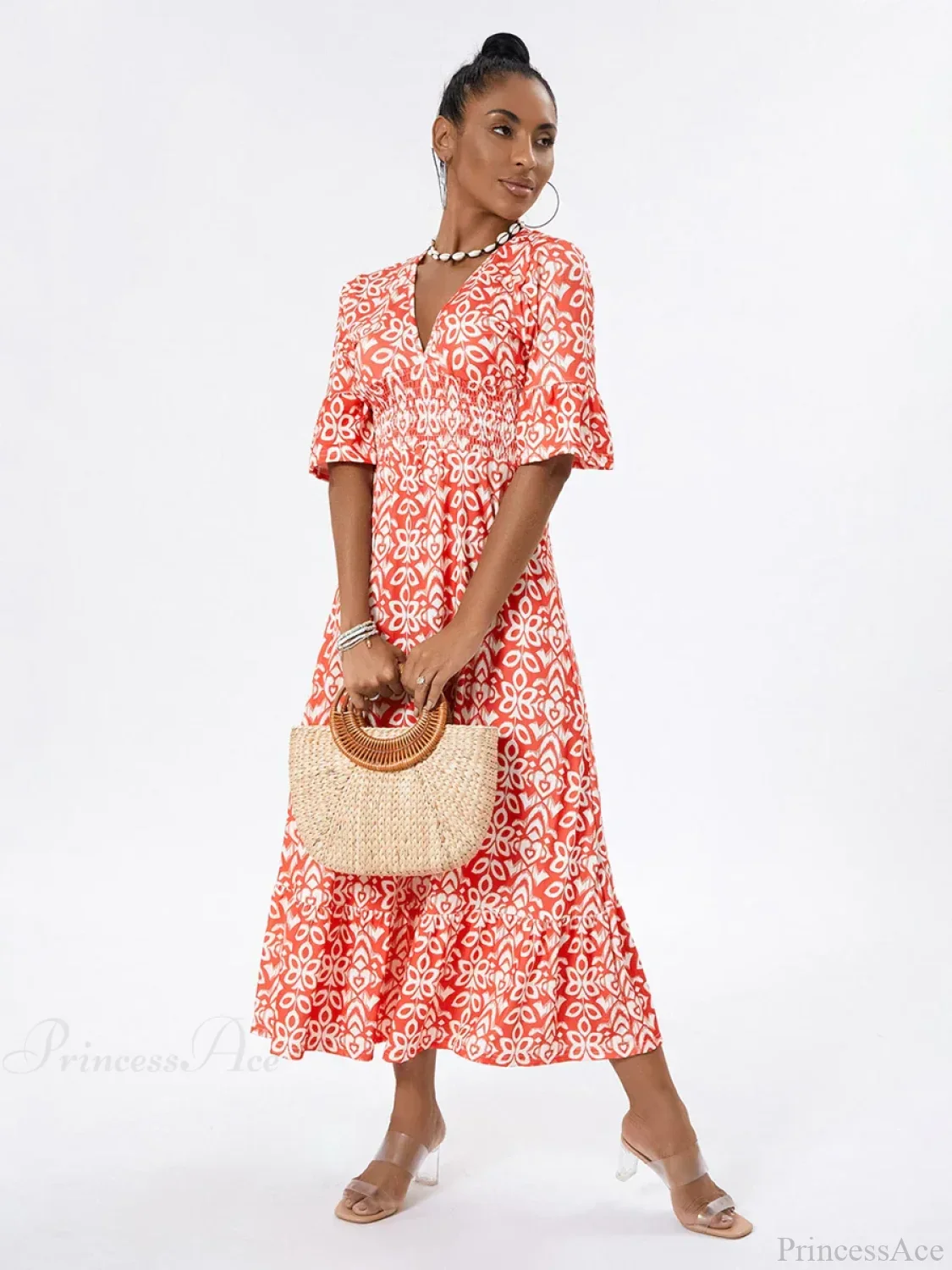 Floral Print Beach Midi Casual Flare Sleeve A-Line Ruffled Floral Dress - Image 4