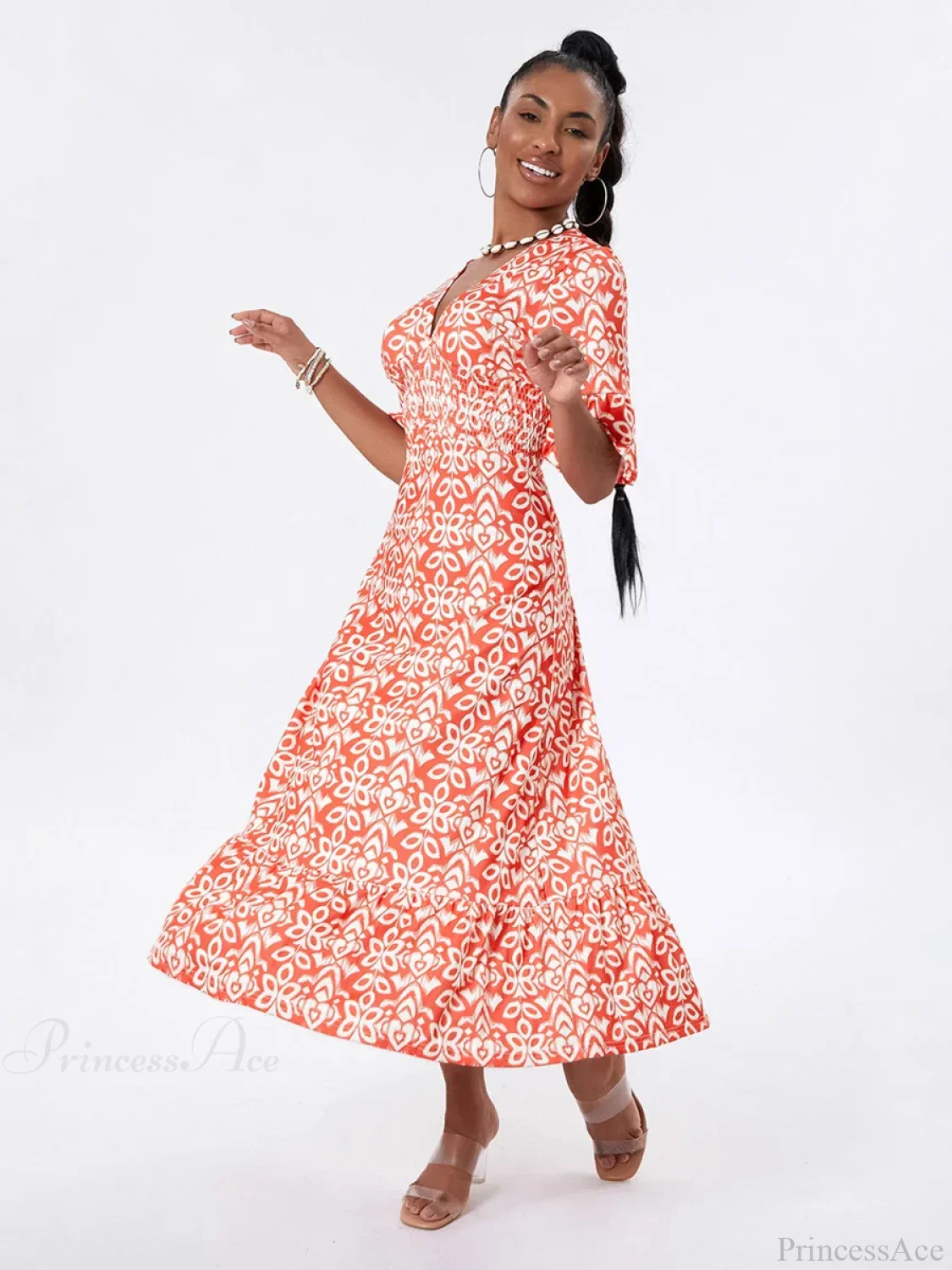 Floral Print Beach Midi Casual Flare Sleeve A-Line Ruffled Floral Dress - Image 5
