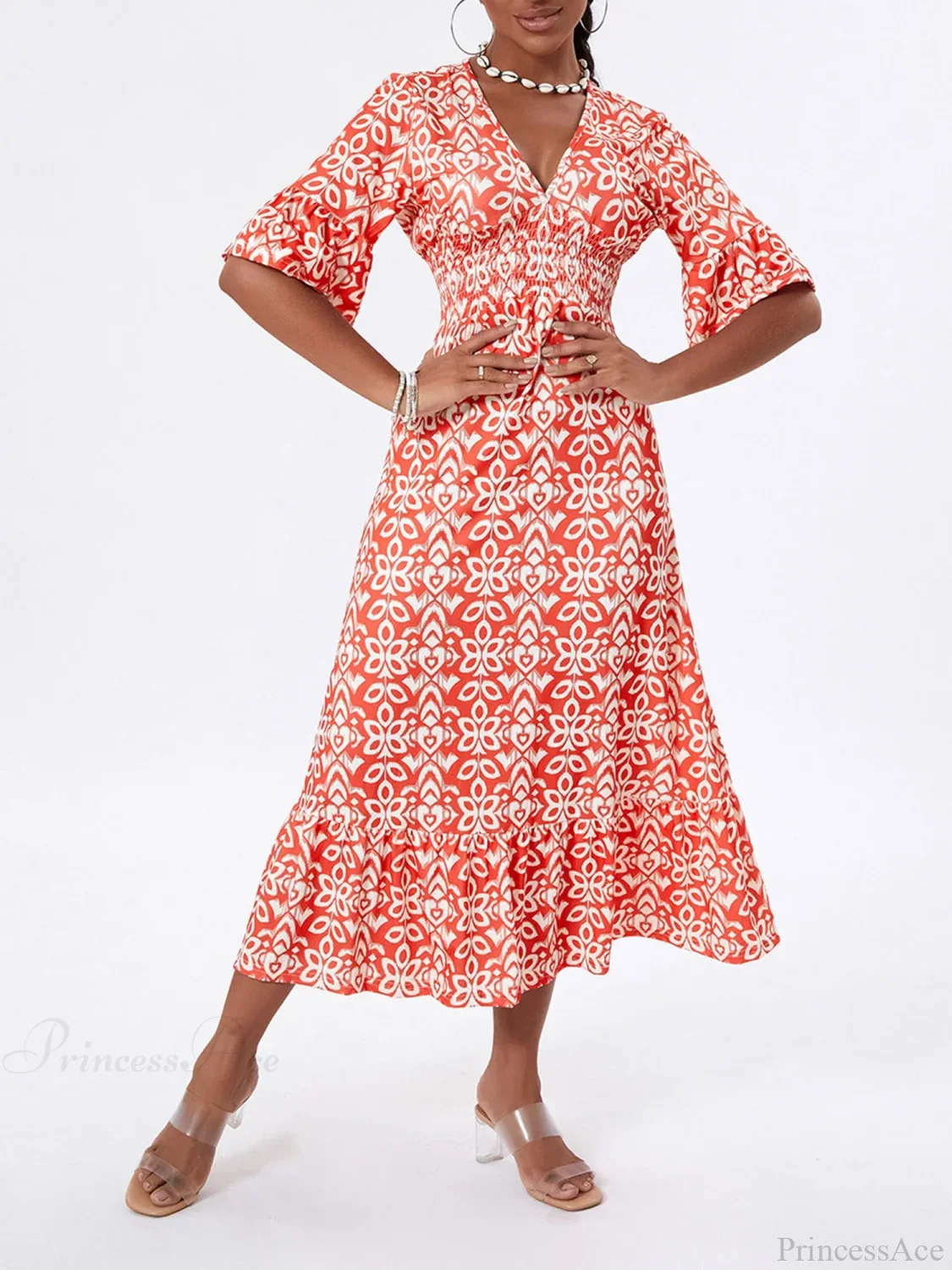 Floral Print Beach Midi Casual Flare Sleeve A-Line Ruffled Floral Dress - Image 7