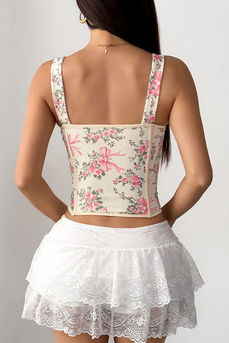 Floral Print Boned Cross Tie Bow Tank Top - Image 10