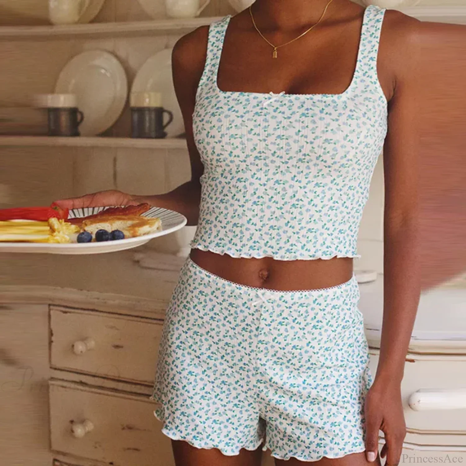 Floral Print Bow Trim Sleeveless Crop Tops Shorts Two Pieces Set