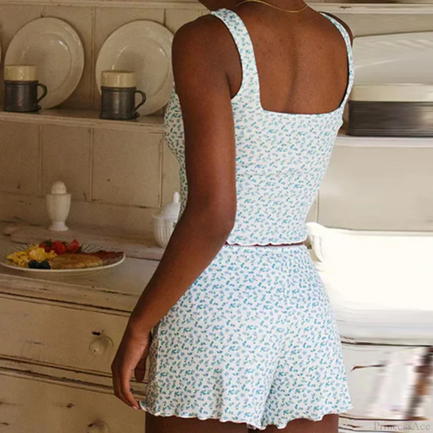Floral Print Bow Trim Sleeveless Crop Tops Shorts Two Pieces Set - Image 2