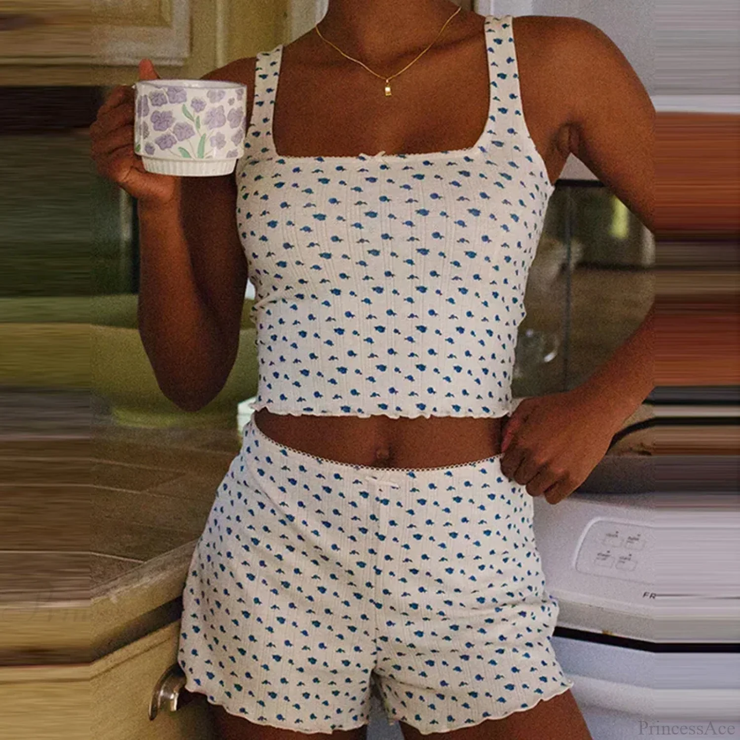 Floral Print Bow Trim Sleeveless Crop Tops Shorts Two Pieces Set - Image 4