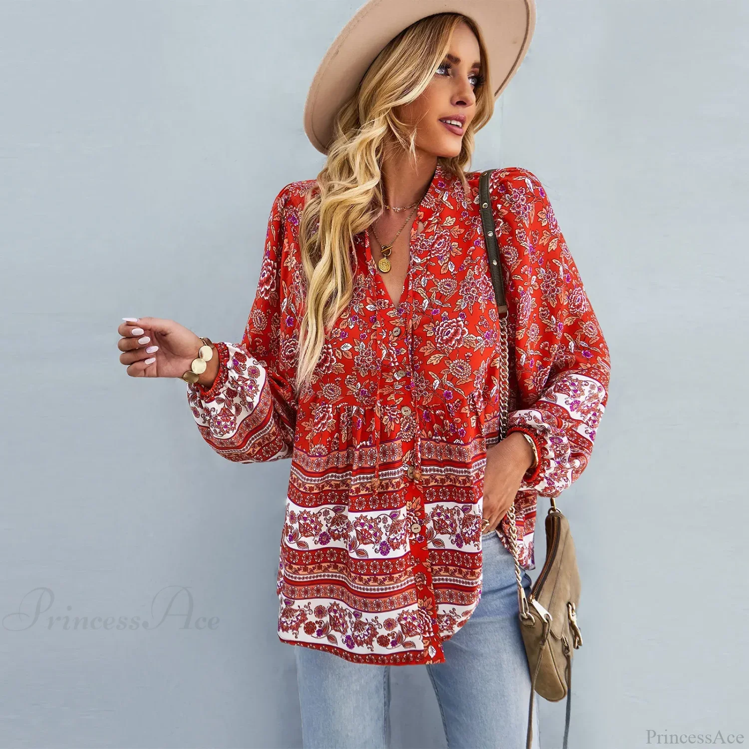 Floral Print Button-Up Long Sleeve Boho Blouse - Image 11