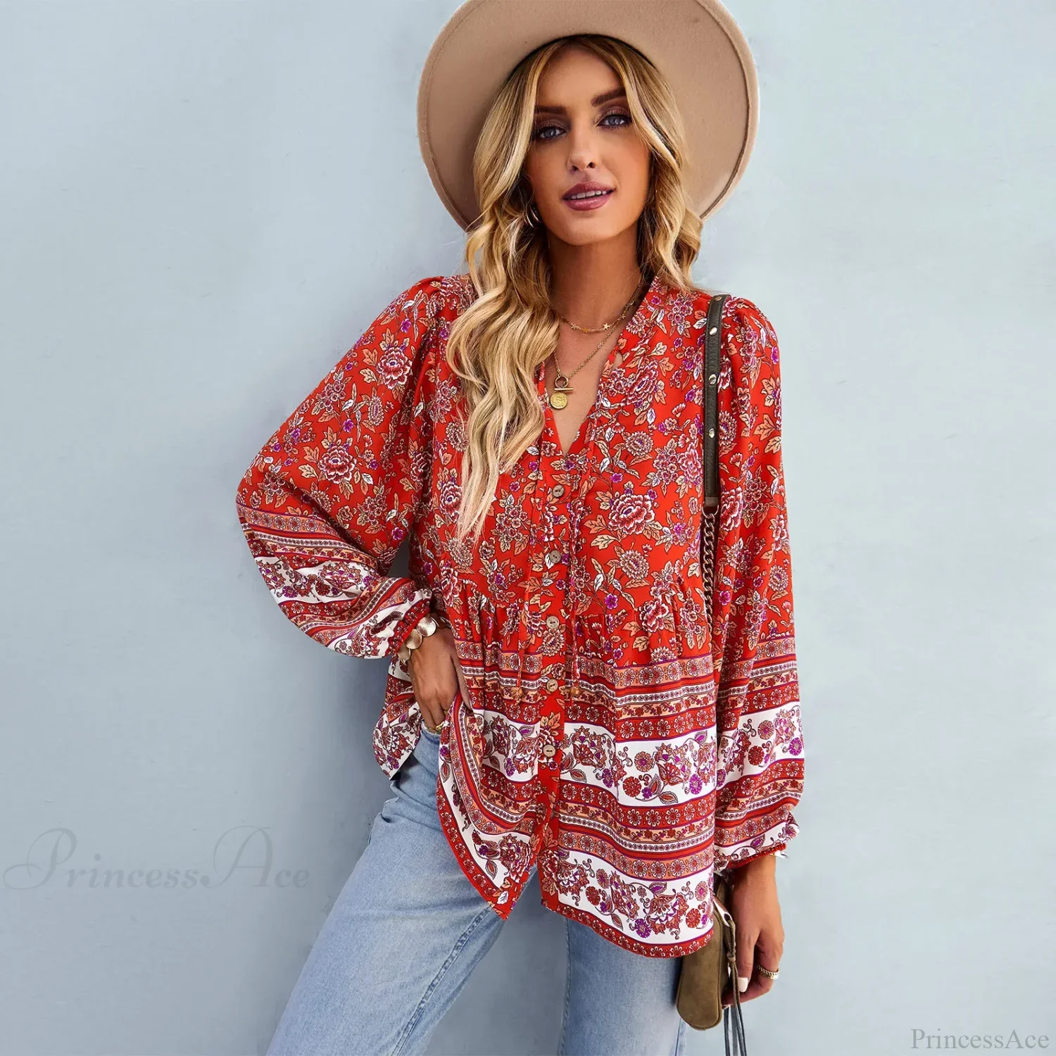 Floral Print Button-Up Long Sleeve Boho Blouse - Image 2