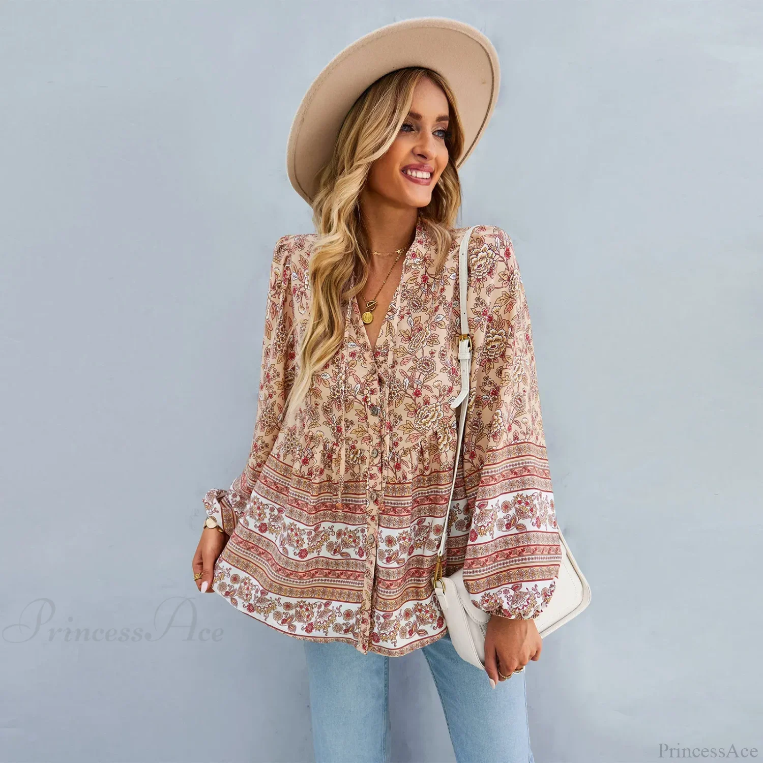Floral Print Button-Up Long Sleeve Boho Blouse - Image 8