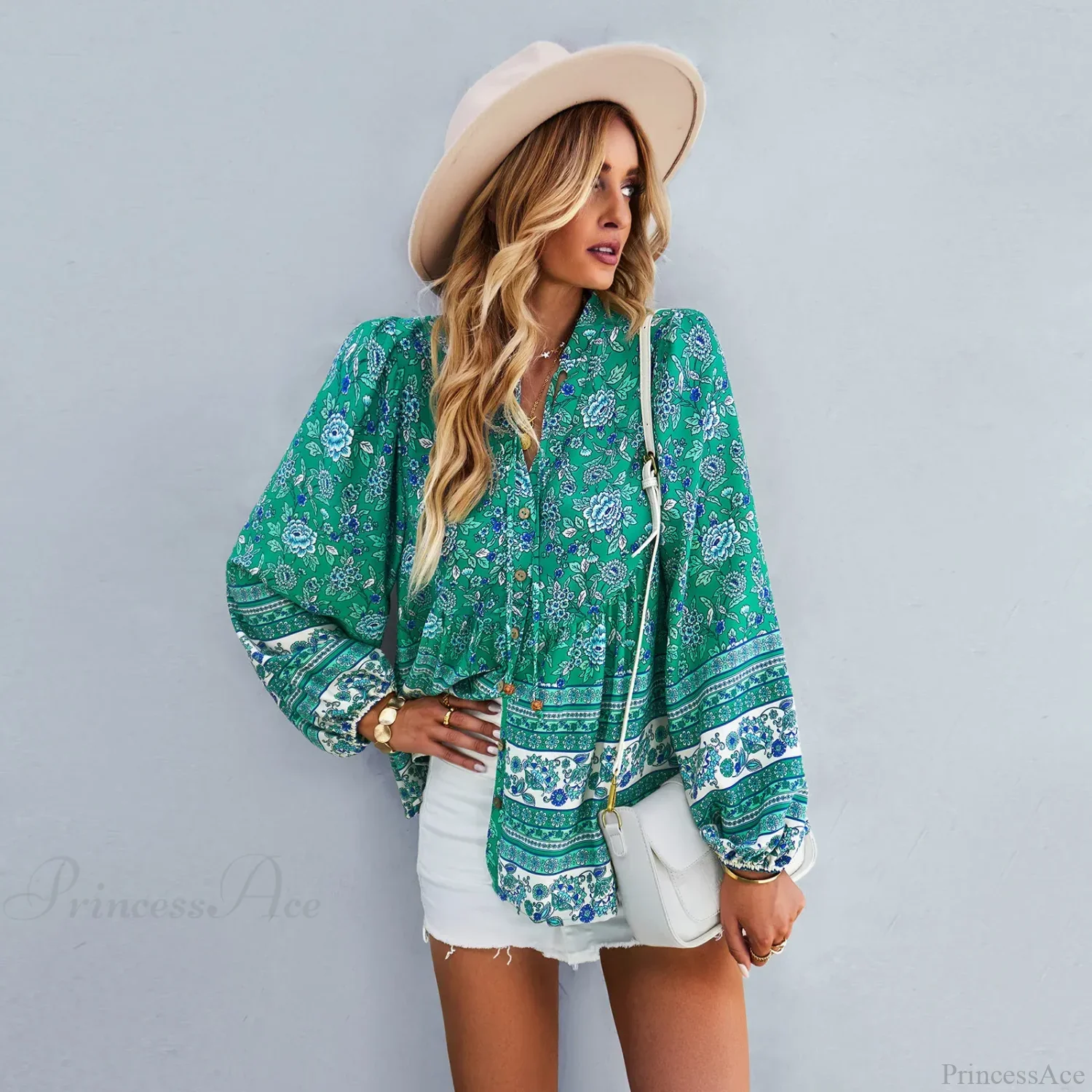 Floral Print Button-Up Long Sleeve Boho Blouse - Image 9