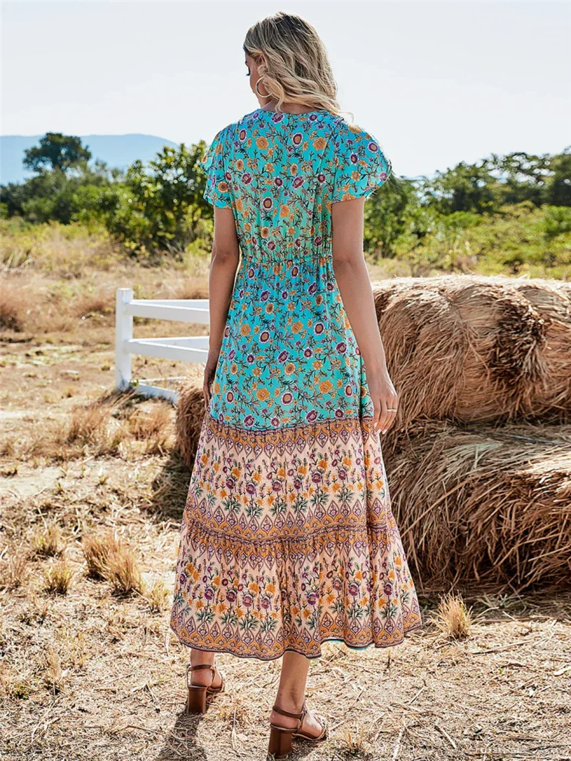 Floral Print Button V-neck Pleated Rayon Beach Maxi Boho Dress - Image 2