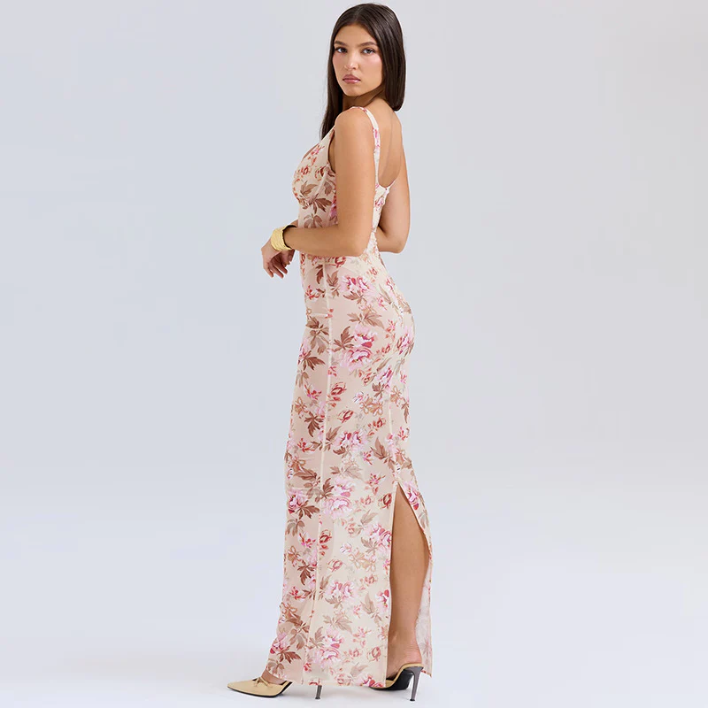 Floral Print Deep V-Neck Fitted Party Dress - Image 8