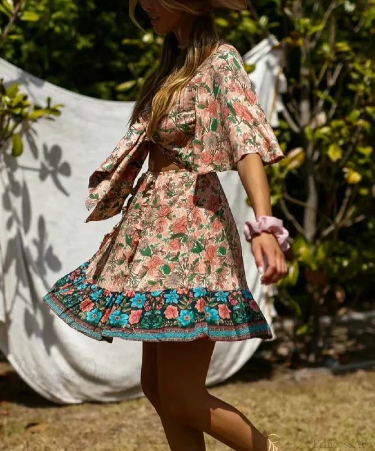 Floral Print Deep V-neck Sashes Batwing Sleeve Bow Mini Boho Dress - Image 2