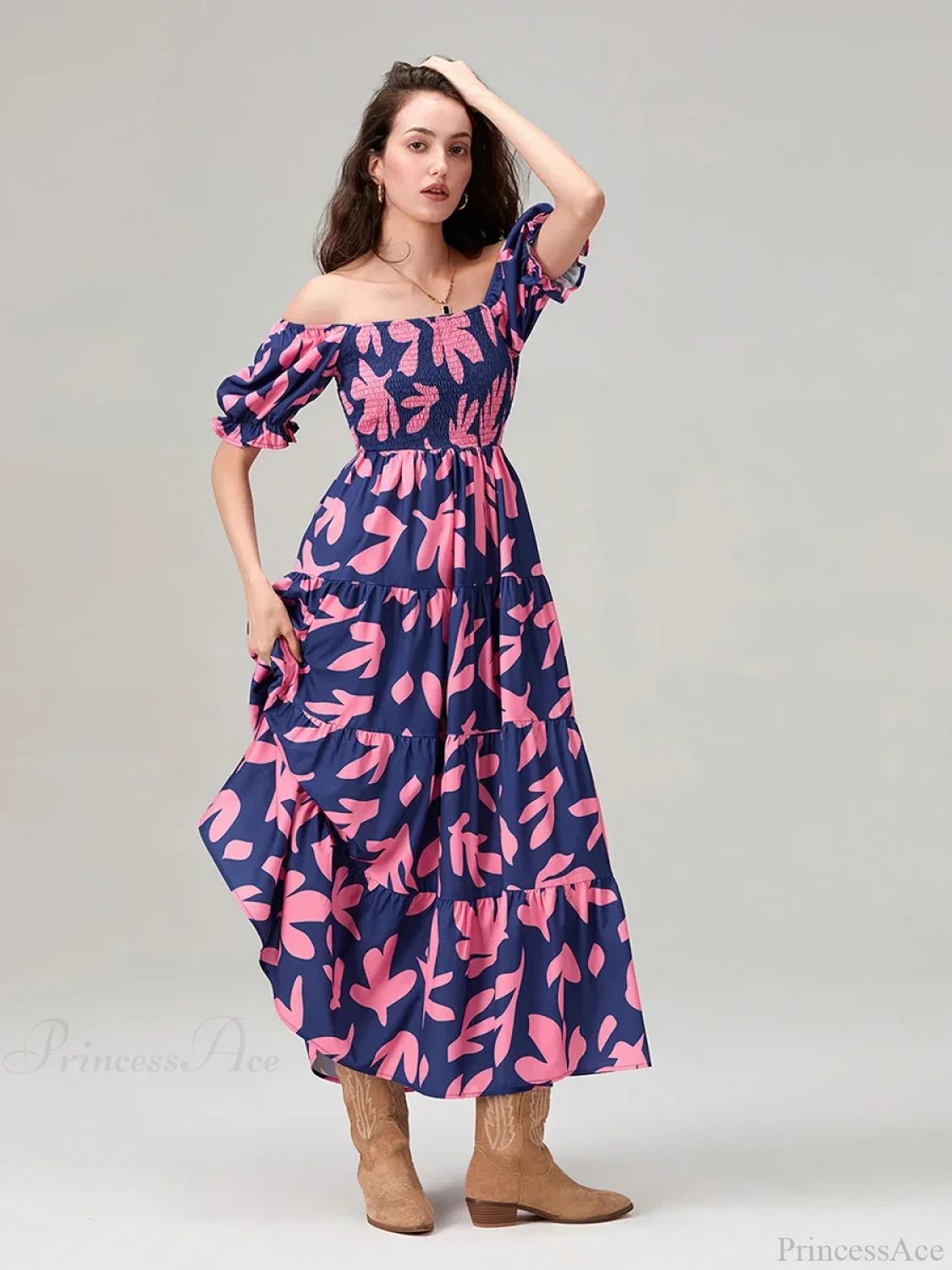 Floral Print Flowy Puff Sleeve Square Neck A-Line Vacation Floral Dress - Image 3