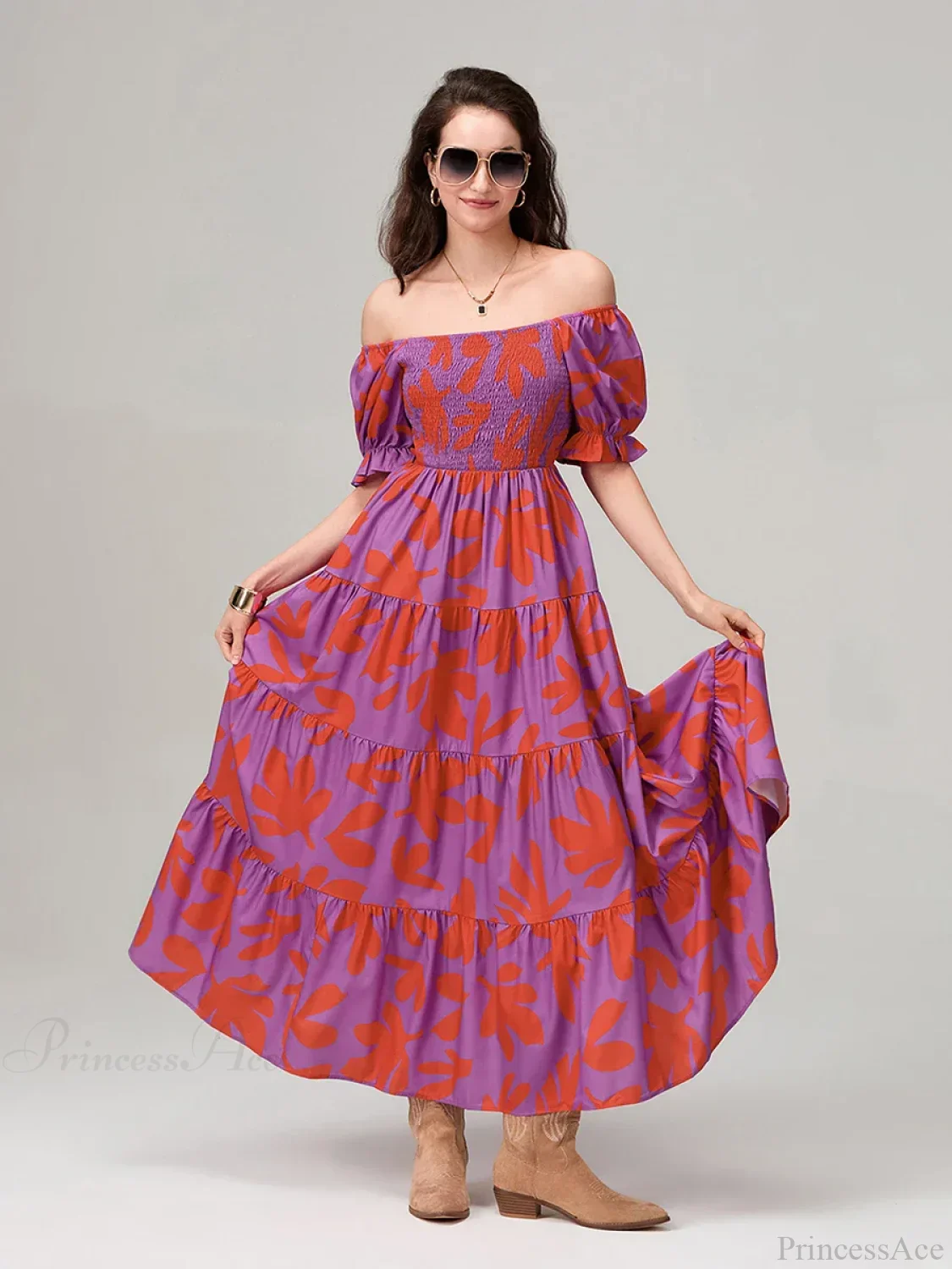 Floral Print Flowy Puff Sleeve Square Neck A-Line Vacation Floral Dress - Image 6