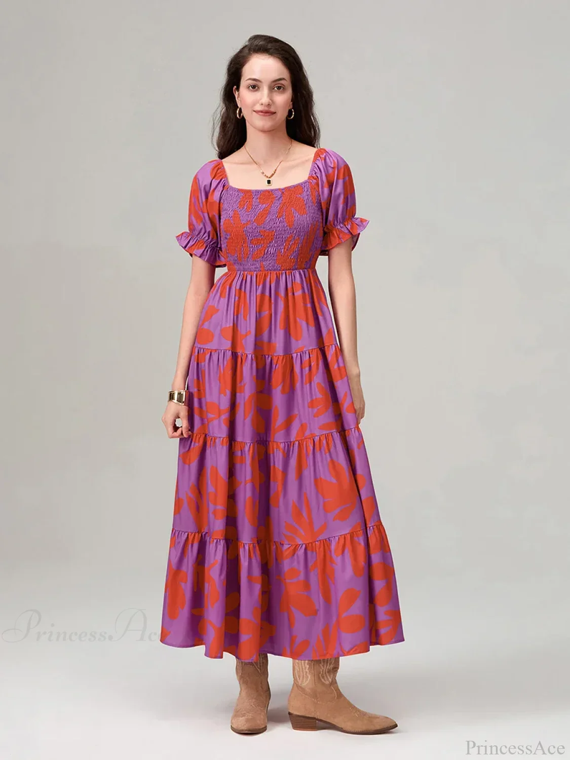 Floral Print Flowy Puff Sleeve Square Neck A-Line Vacation Floral Dress - Image 7