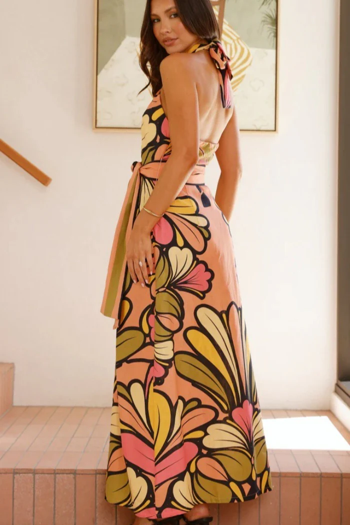 Floral Print Halter Belted Waist Maxi Dress - Image 3