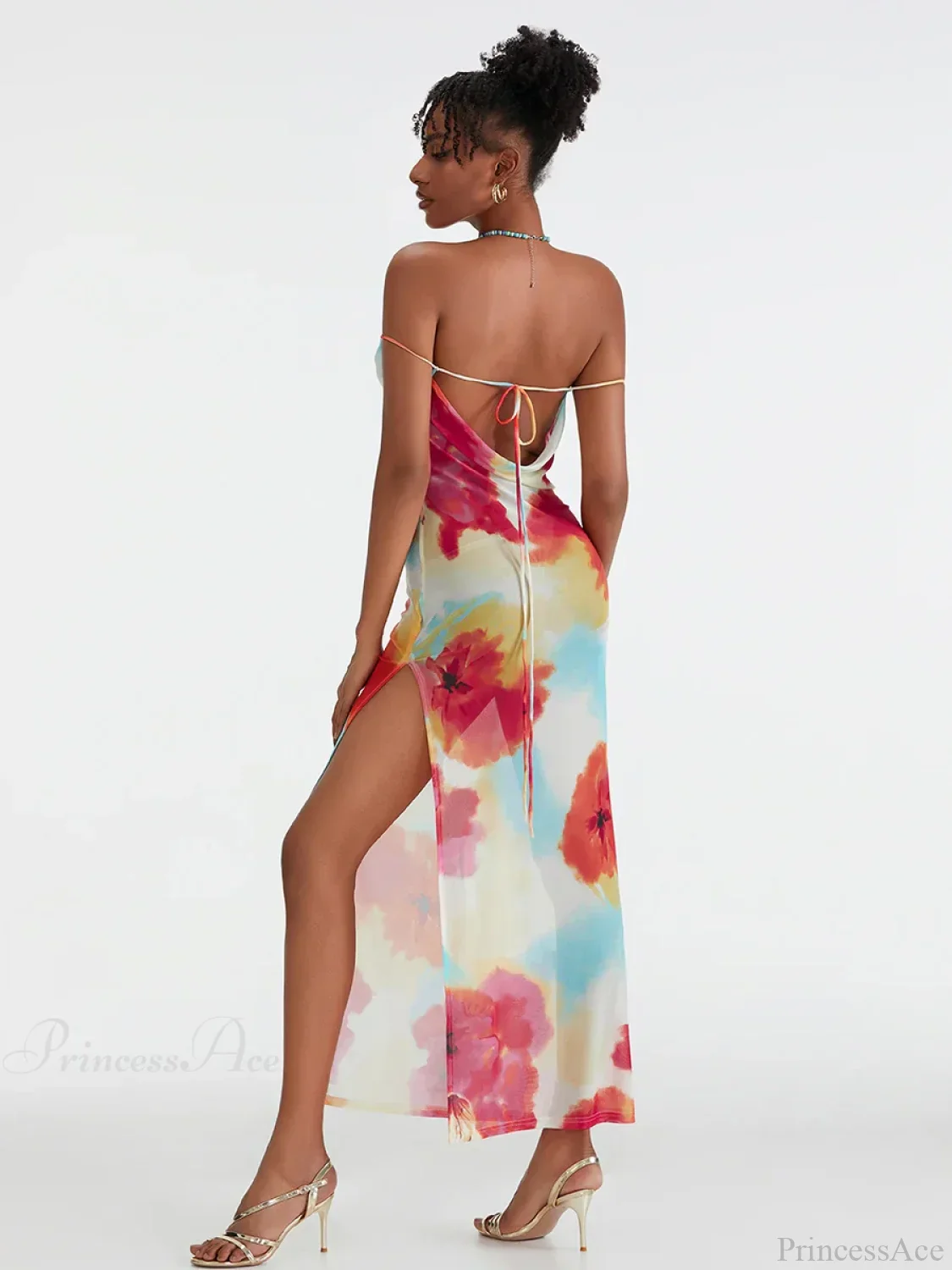 Floral Print High Split Backless Off-Shoulder Tie-up Long Floral Dress - Image 2