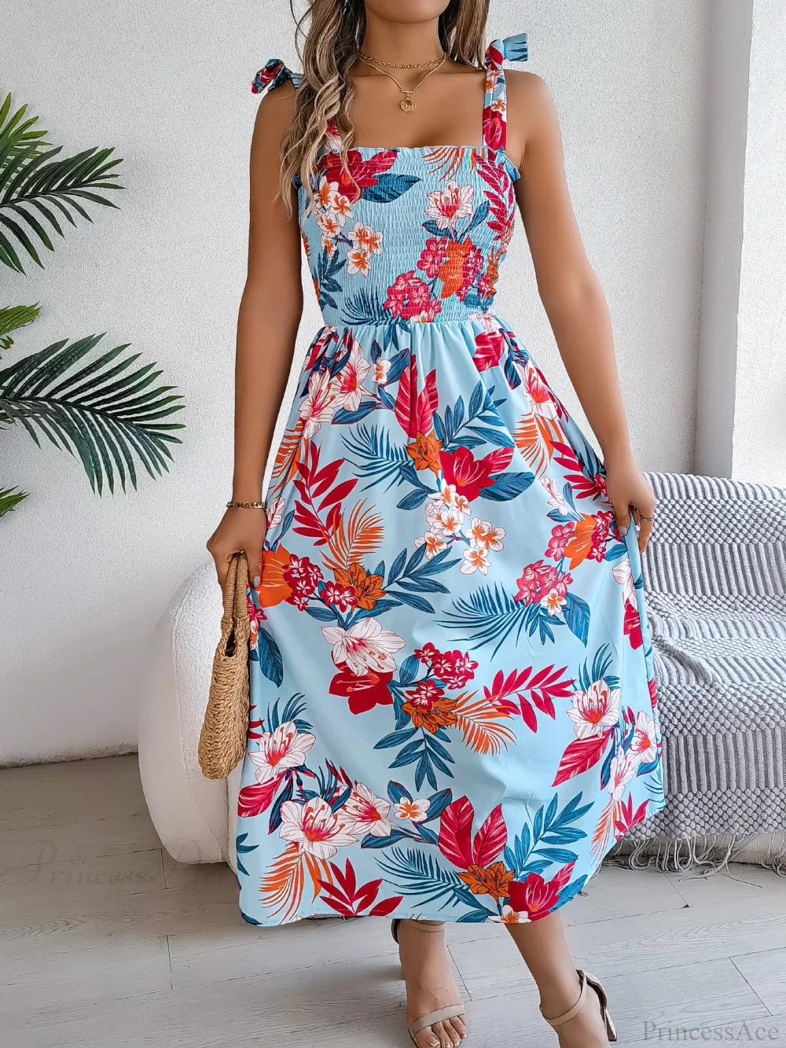 Floral Print Lace-up Sleeveless Vacation Floral Dress - Image 7