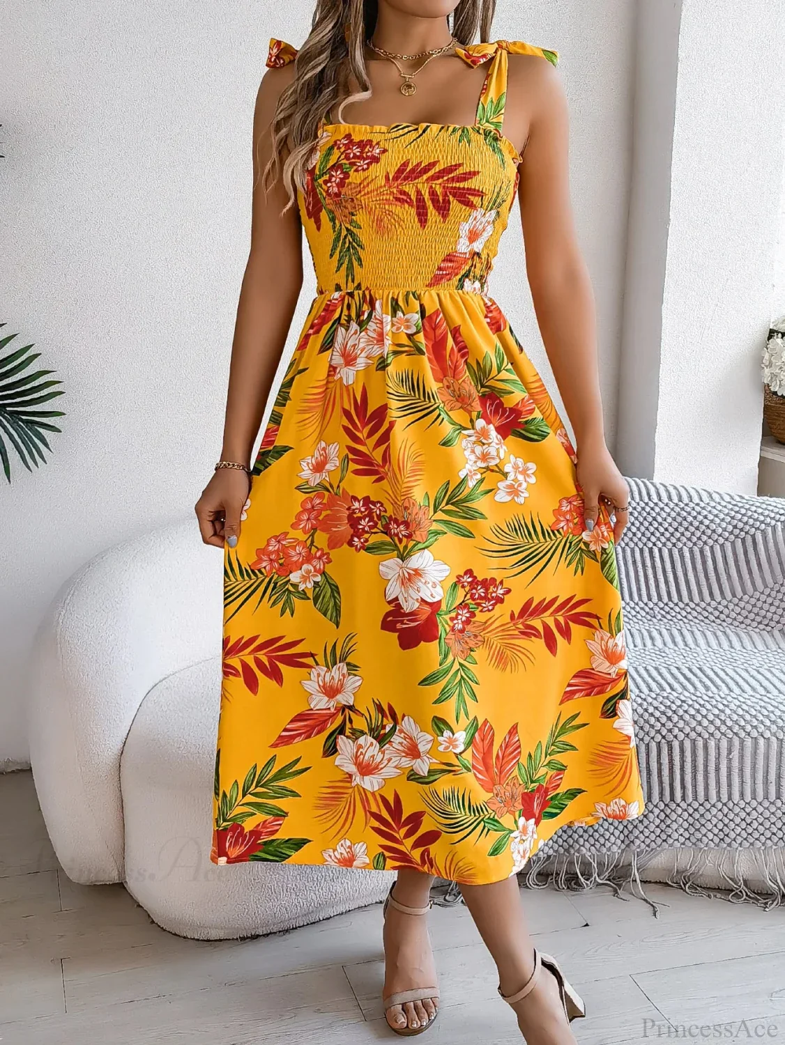 Floral Print Lace-up Sleeveless Vacation Floral Dress - Image 8