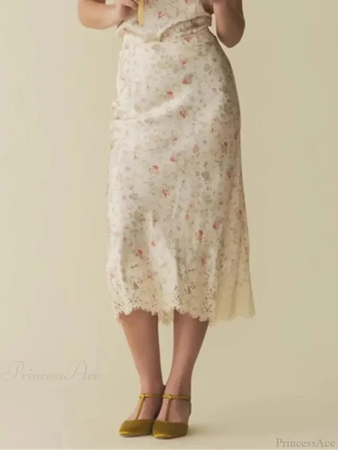 Floral Print Mermaid Lace Splice High Waist Retro Summer Midi Skirt