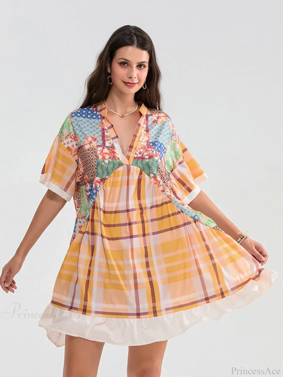 Floral Print Patchwork Flowy V-neck Loose A-Line Mini Floral Dress