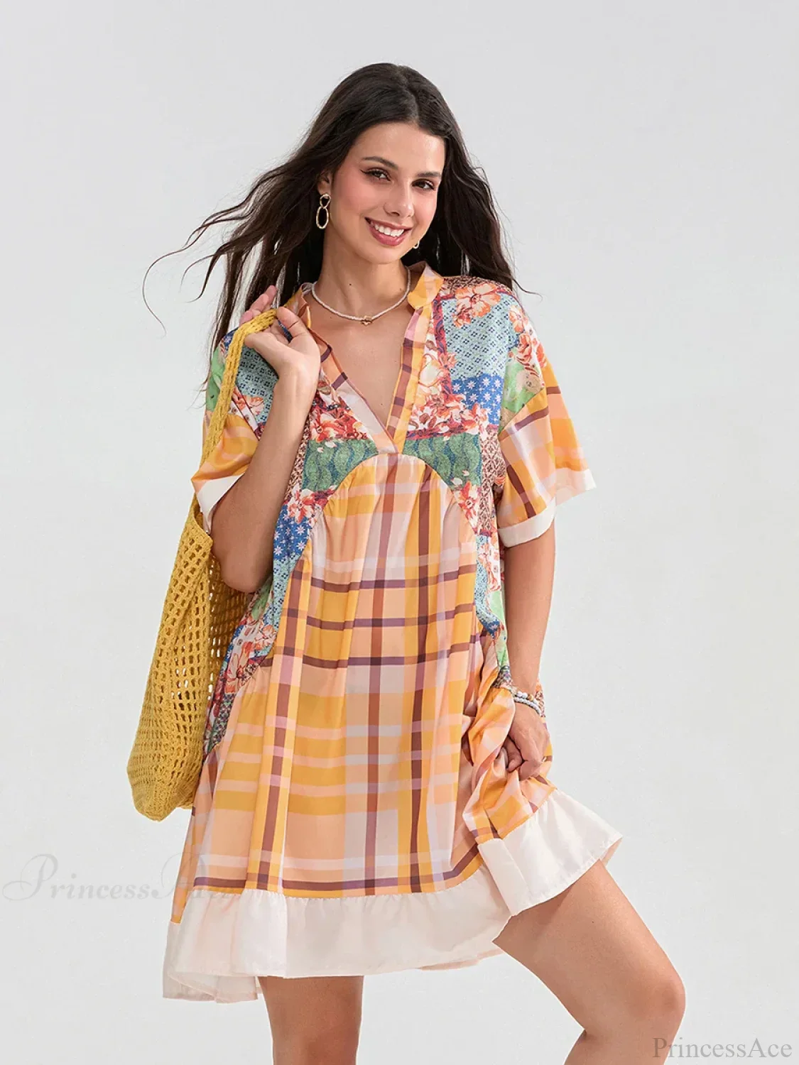 Floral Print Patchwork Flowy V-neck Loose A-Line Mini Floral Dress - Image 2
