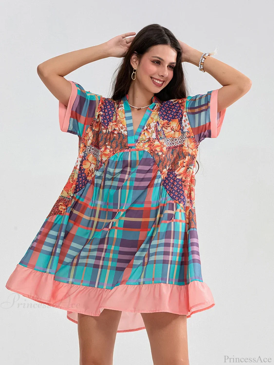 Floral Print Patchwork Flowy V-neck Loose A-Line Mini Floral Dress - Image 4