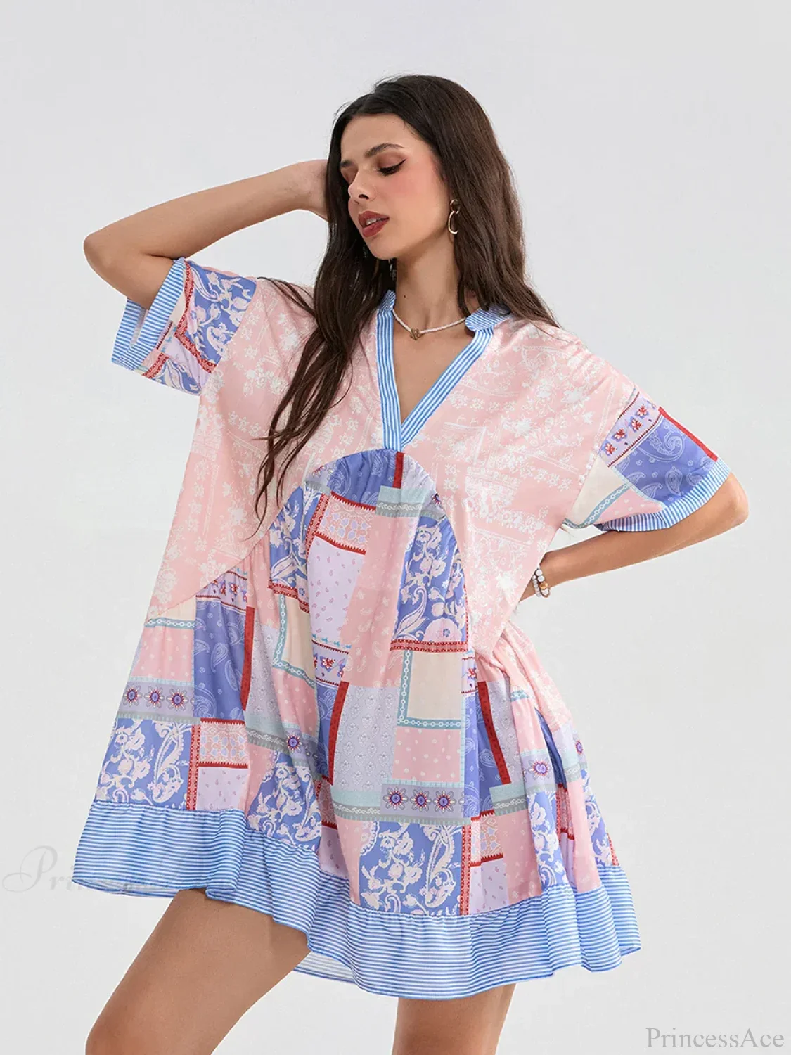 Floral Print Patchwork Flowy V-neck Loose A-Line Mini Floral Dress - Image 7