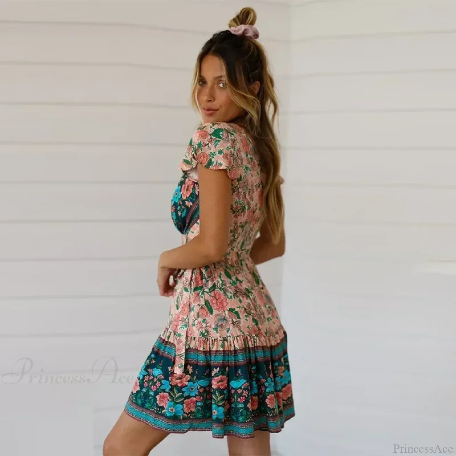 Floral Print Rayon Wrap Short Sleeve Sexy Vacation Mini Boho Dress - Image 2