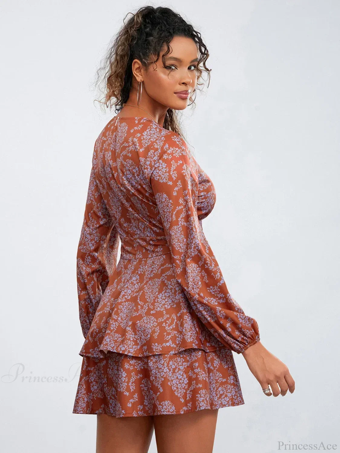 Floral Print Ruffles Tiered Mini Dress V-neck High Waist Floral Dress - Image 4