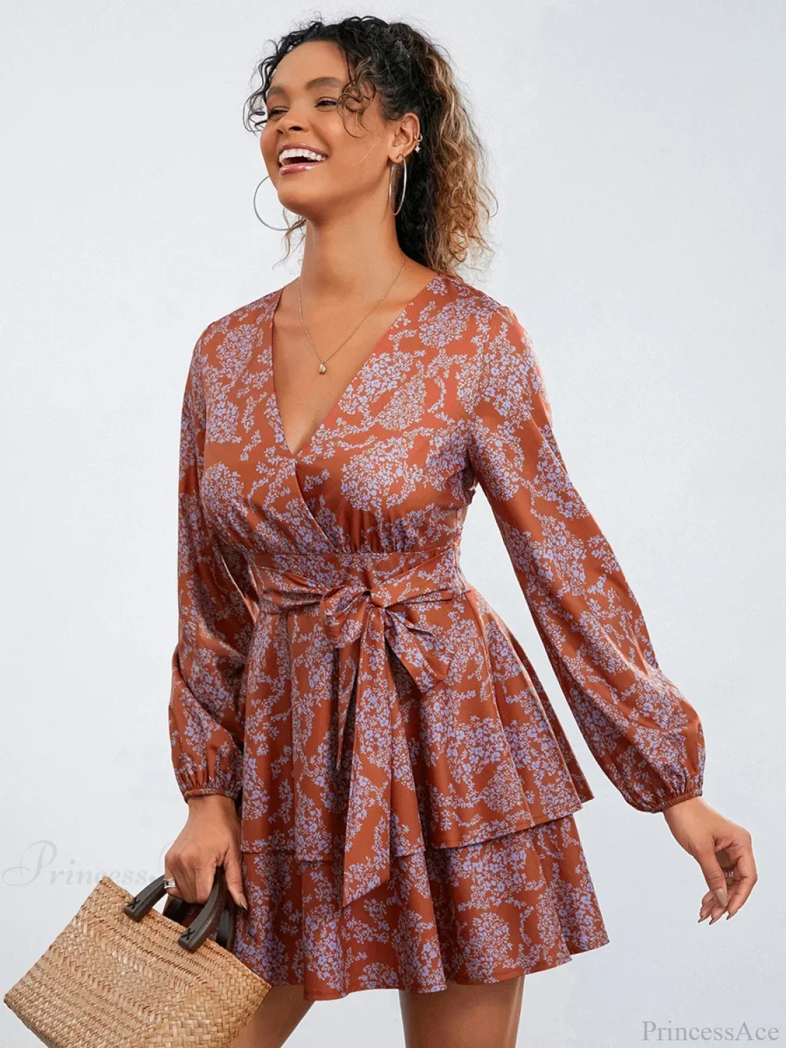 Floral Print Ruffles Tiered Mini Dress V-neck High Waist Floral Dress - Image 6