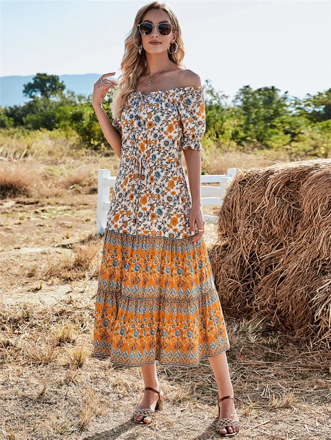 Floral Print Short Sleeve Off Shoulder Maxi Boho Dress - Image 3