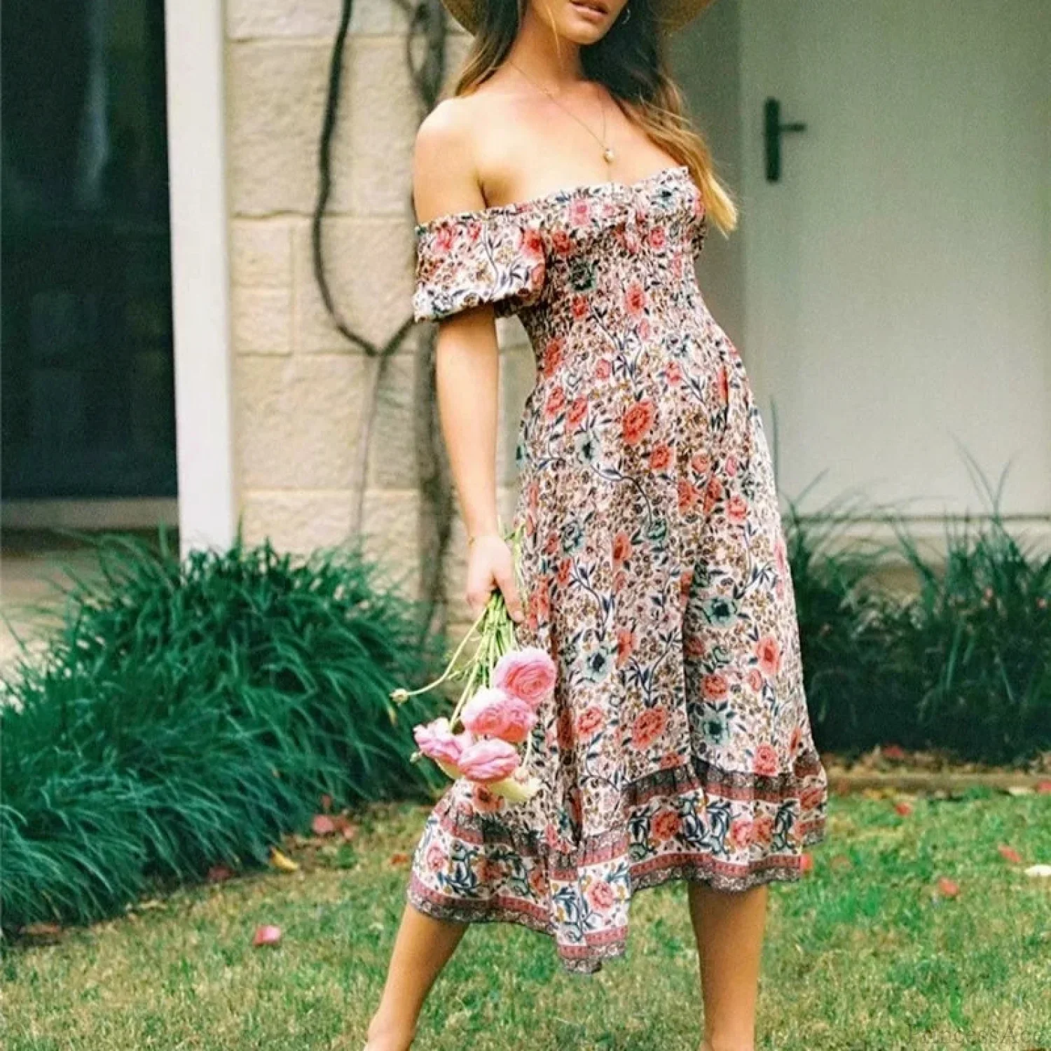 Floral Print Short Sleeve Sexy Off Shoulder Midi Boho Dress - Image 2