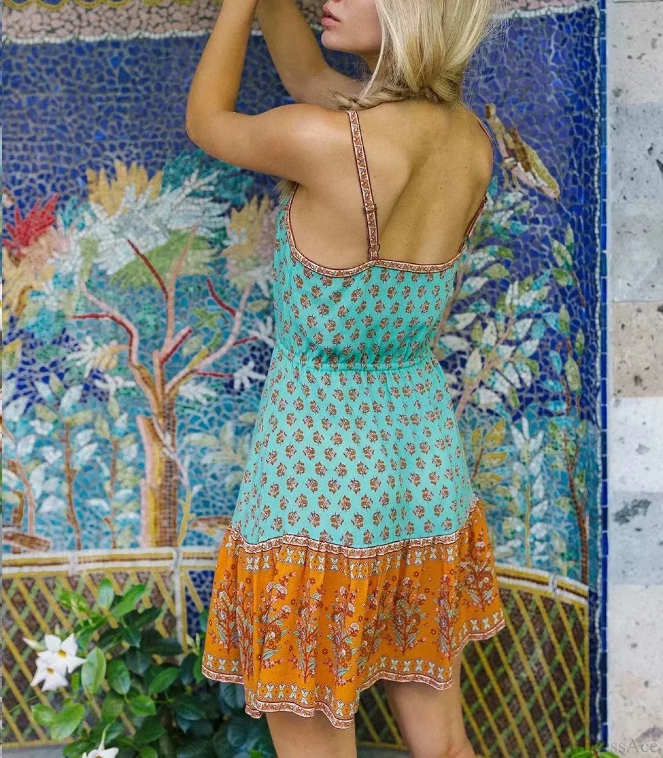 Floral Print Sleeveless Elastic Waist Strapless Rayon Boho Dress - Image 2