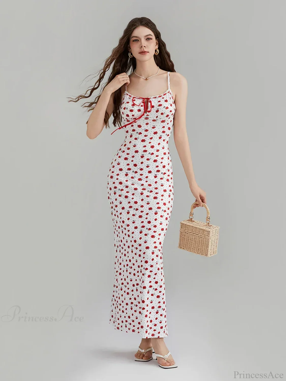Floral Print Spaghetti Strap Ribbon Tie-Up Slip Vacation Floral Dress - Image 2