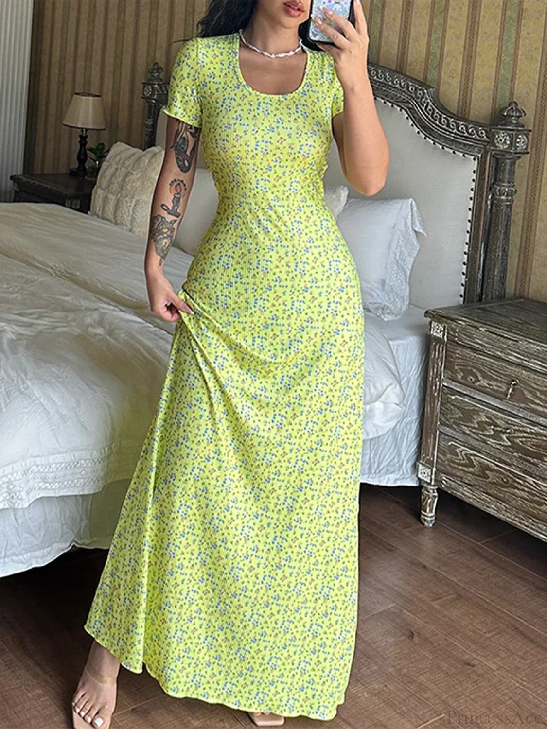 Floral Print T-Shirt Tie Back U-neck A-Line Long Floral Dress - Image 2