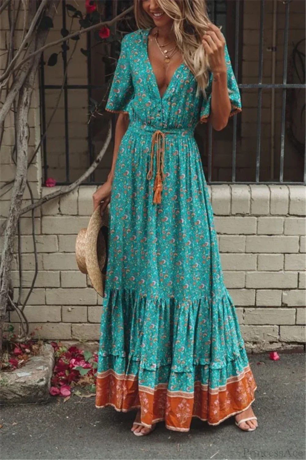 Floral Print Tassel V-neck Rayon Cotton Maxi Boho Dress - Image 2