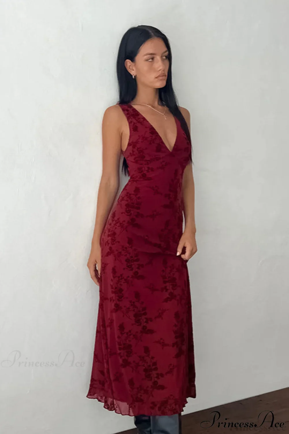 Floral Print V-Neck Sleeveless Fitted Party Dress - Image 2