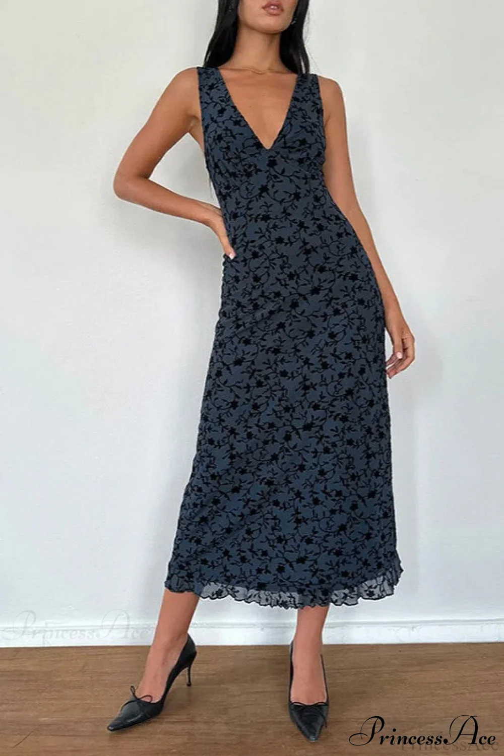 Floral Print V-Neck Sleeveless Fitted Party Dress - Image 7