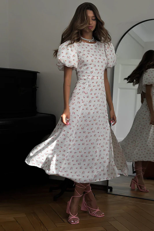 Floral Puff Sleeve Backless Maxi Dress